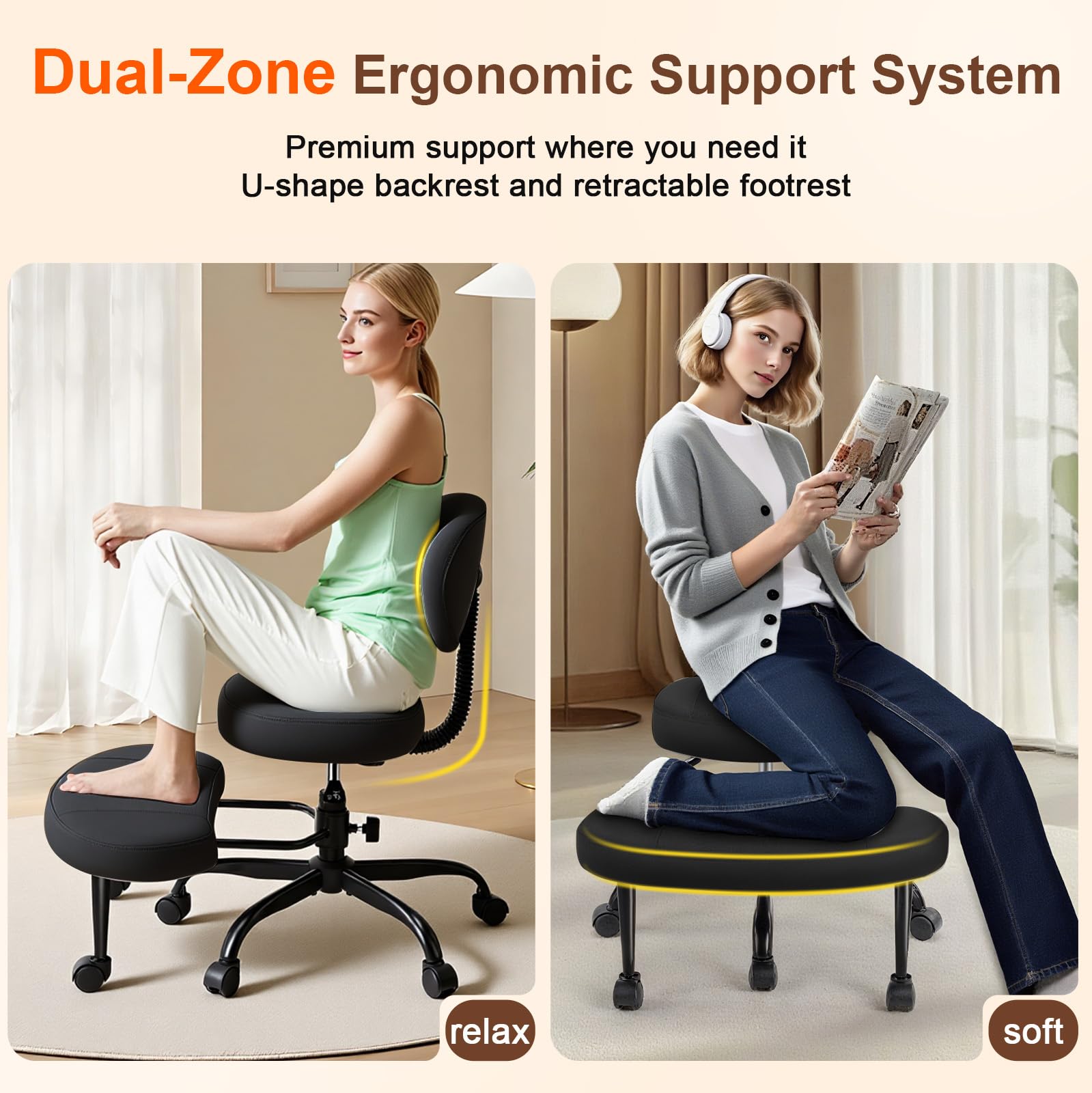 AreShark Cross Legged Office Chair with Wheels, Kneeling Meditation Wide Criss Cross Swivel Ergonomic Chair with Back Support&Adjustable Height, ADHD Stool with Rotating Footrest for Yoga Home Office
