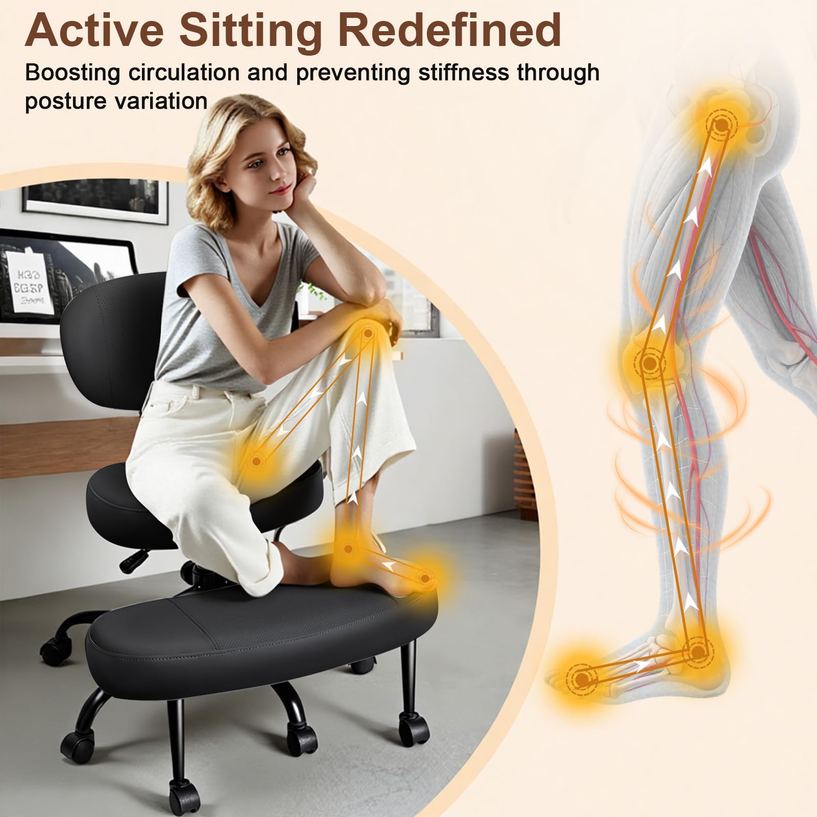AreShark Cross Legged Office Chair with Wheels, Kneeling Meditation Wide Criss Cross Swivel Ergonomic Chair with Back Support&Adjustable Height, ADHD Stool with Rotating Footrest for Yoga Home Office