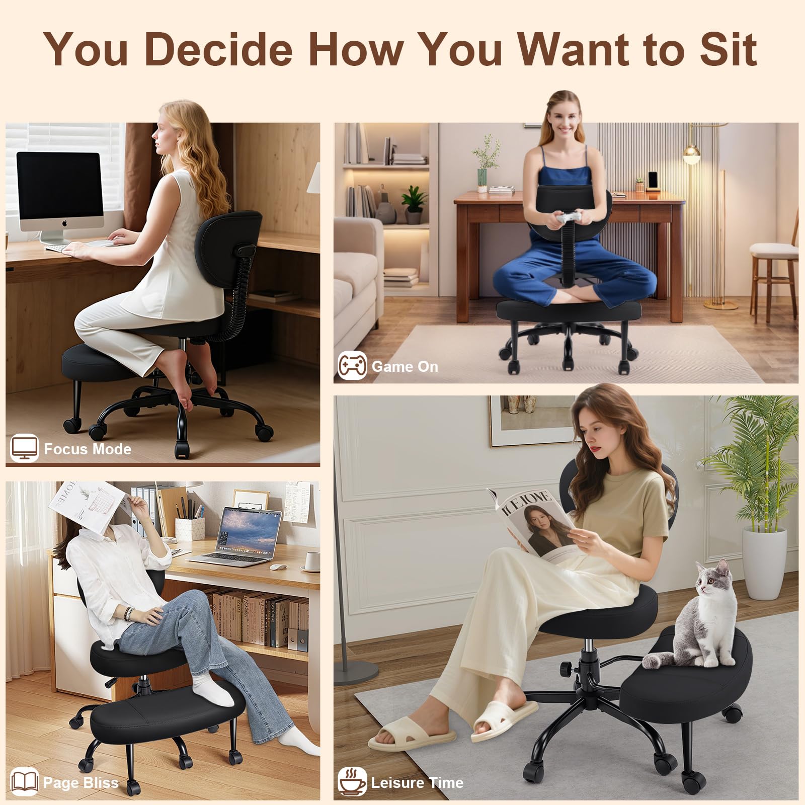 AreShark Cross Legged Office Chair with Wheels, Kneeling Meditation Wide Criss Cross Swivel Ergonomic Chair with Back Support&Adjustable Height, ADHD Stool with Rotating Footrest for Yoga Home Office