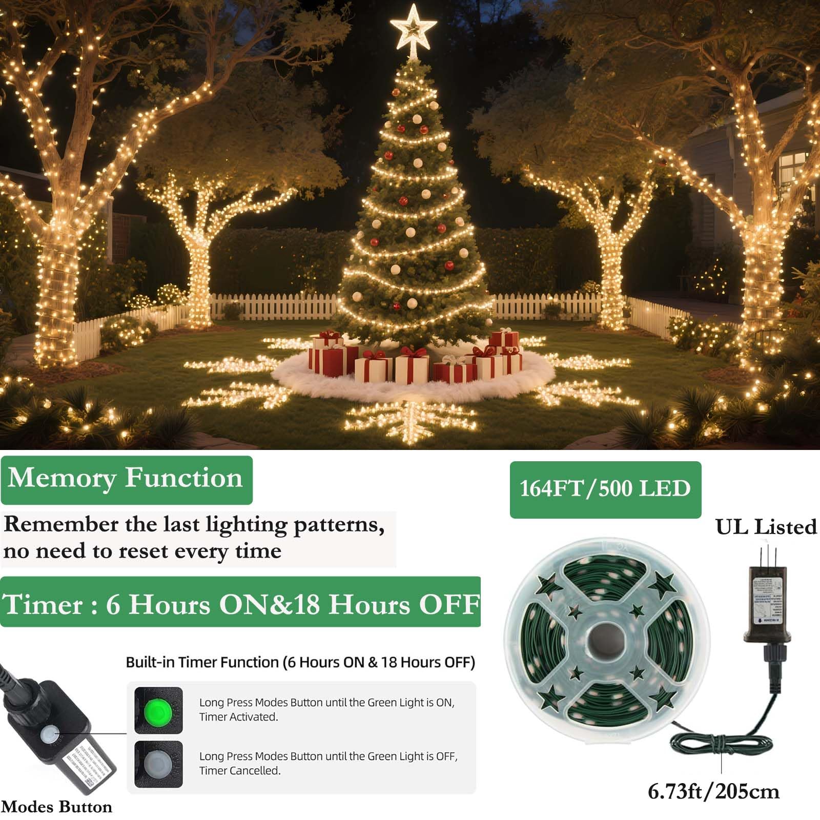 Tcamp 164FT 500 LED Christmas Lights